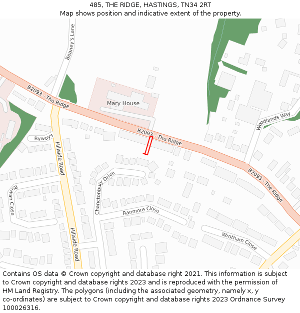 485, THE RIDGE, HASTINGS, TN34 2RT: Location map and indicative extent of plot