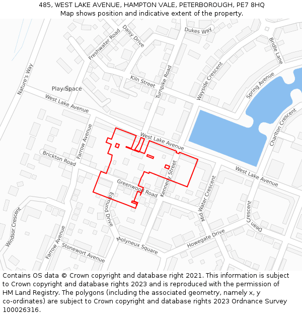485, WEST LAKE AVENUE, HAMPTON VALE, PETERBOROUGH, PE7 8HQ: Location map and indicative extent of plot