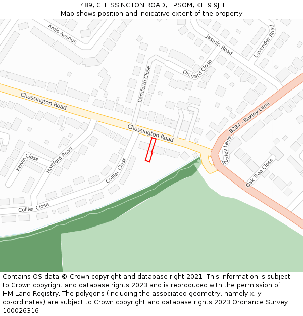 489, CHESSINGTON ROAD, EPSOM, KT19 9JH: Location map and indicative extent of plot