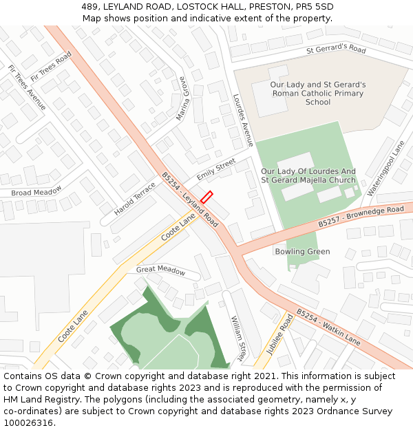 489, LEYLAND ROAD, LOSTOCK HALL, PRESTON, PR5 5SD: Location map and indicative extent of plot