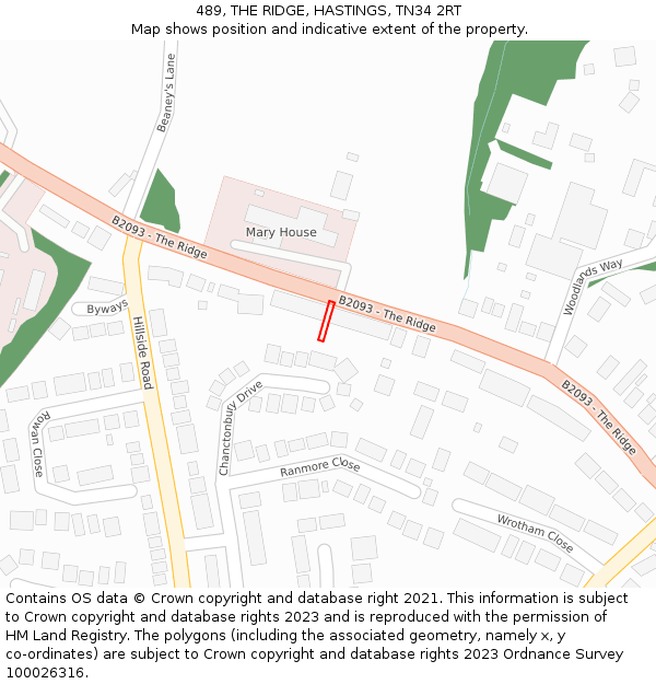 489, THE RIDGE, HASTINGS, TN34 2RT: Location map and indicative extent of plot