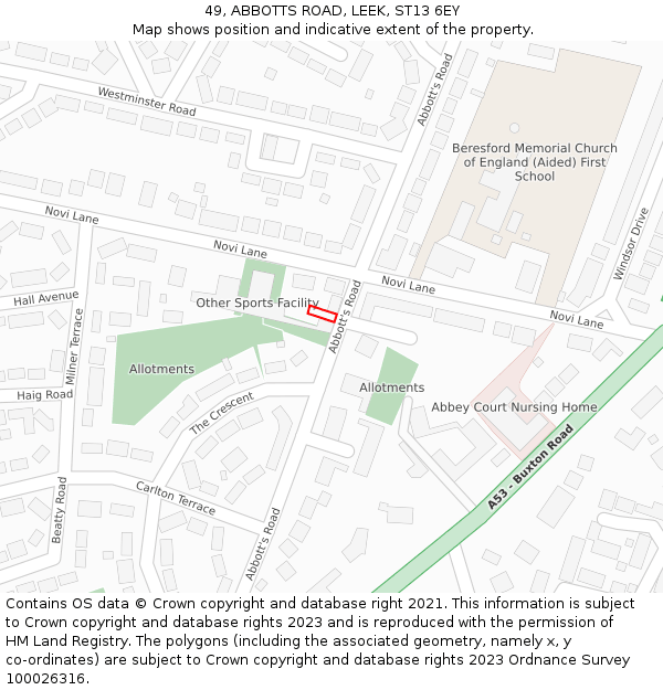49, ABBOTTS ROAD, LEEK, ST13 6EY: Location map and indicative extent of plot