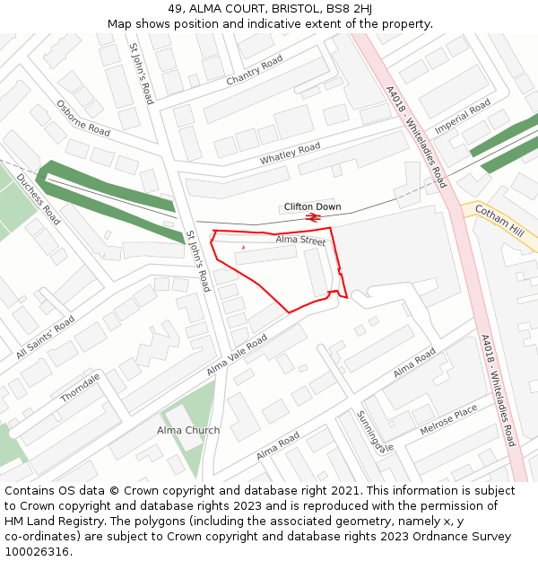 49, ALMA COURT, BRISTOL, BS8 2HJ: Location map and indicative extent of plot