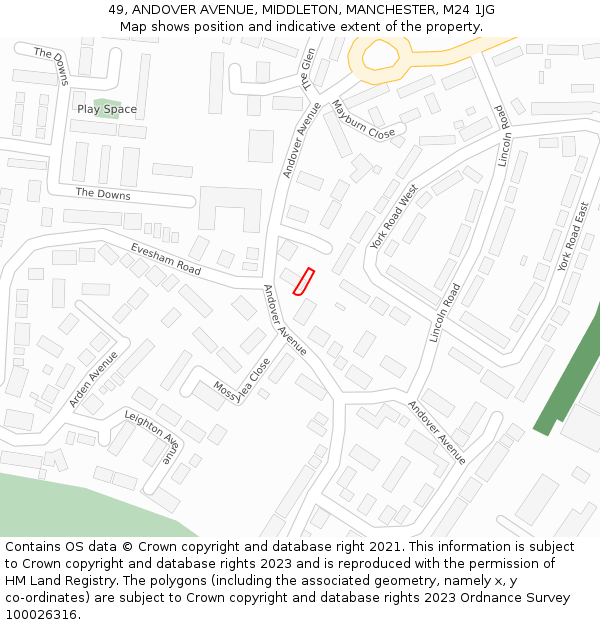 49, ANDOVER AVENUE, MIDDLETON, MANCHESTER, M24 1JG: Location map and indicative extent of plot