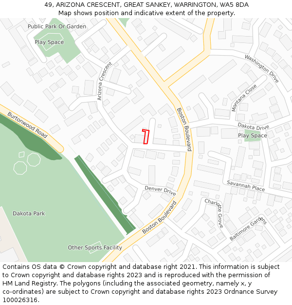 49, ARIZONA CRESCENT, GREAT SANKEY, WARRINGTON, WA5 8DA: Location map and indicative extent of plot
