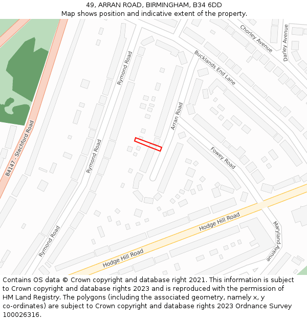 49, ARRAN ROAD, BIRMINGHAM, B34 6DD: Location map and indicative extent of plot