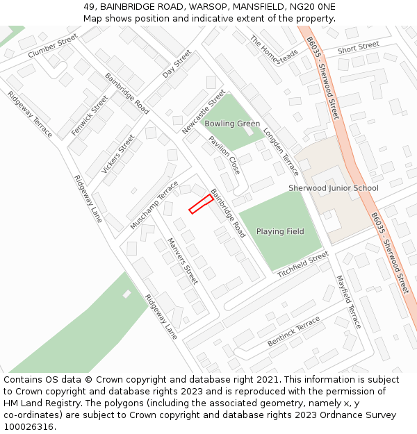49, BAINBRIDGE ROAD, WARSOP, MANSFIELD, NG20 0NE: Location map and indicative extent of plot