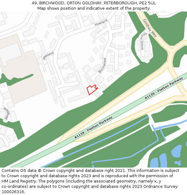 49, BIRCHWOOD, ORTON GOLDHAY, PETERBOROUGH, PE2 5UL: Location map and indicative extent of plot