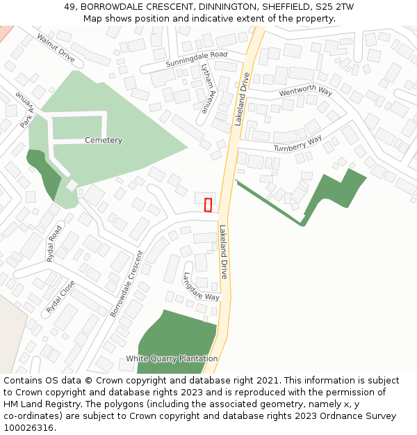49, BORROWDALE CRESCENT, DINNINGTON, SHEFFIELD, S25 2TW: Location map and indicative extent of plot