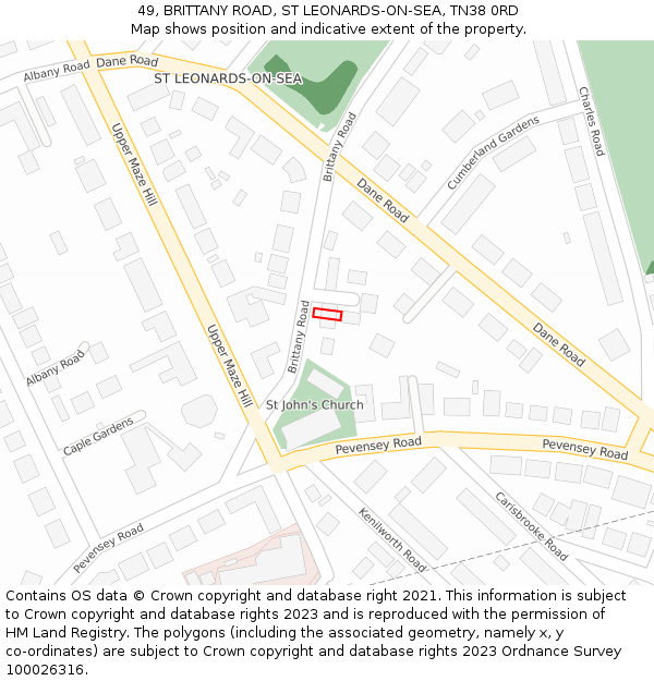 49, BRITTANY ROAD, ST LEONARDS-ON-SEA, TN38 0RD: Location map and indicative extent of plot
