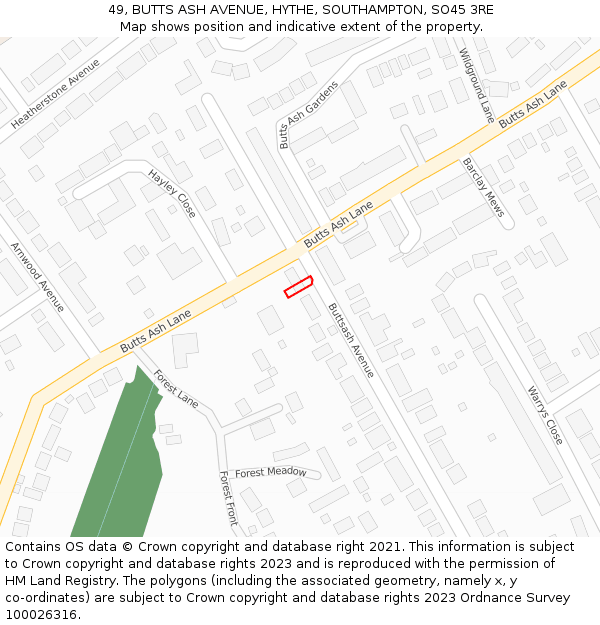 49, BUTTS ASH AVENUE, HYTHE, SOUTHAMPTON, SO45 3RE: Location map and indicative extent of plot