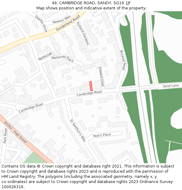 49, CAMBRIDGE ROAD, SANDY, SG19 1JF: Location map and indicative extent of plot
