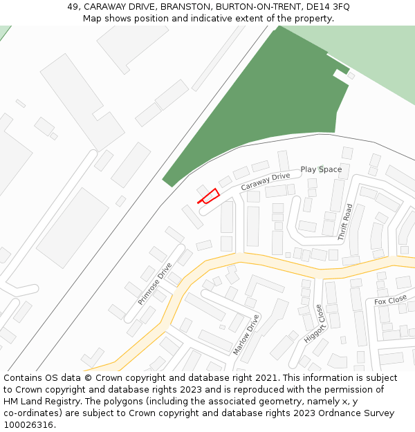 49, CARAWAY DRIVE, BRANSTON, BURTON-ON-TRENT, DE14 3FQ: Location map and indicative extent of plot