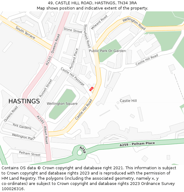 49, CASTLE HILL ROAD, HASTINGS, TN34 3RA: Location map and indicative extent of plot