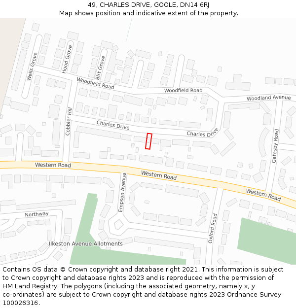 49, CHARLES DRIVE, GOOLE, DN14 6RJ: Location map and indicative extent of plot
