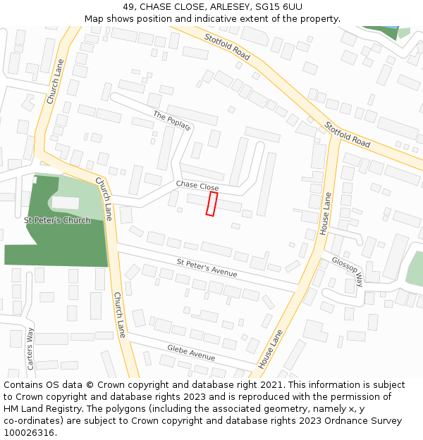 49, CHASE CLOSE, ARLESEY, SG15 6UU: Location map and indicative extent of plot