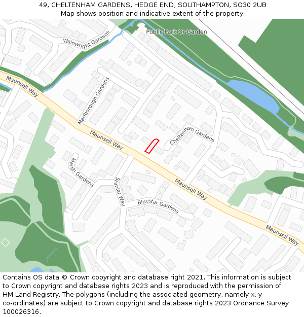 49, CHELTENHAM GARDENS, HEDGE END, SOUTHAMPTON, SO30 2UB: Location map and indicative extent of plot
