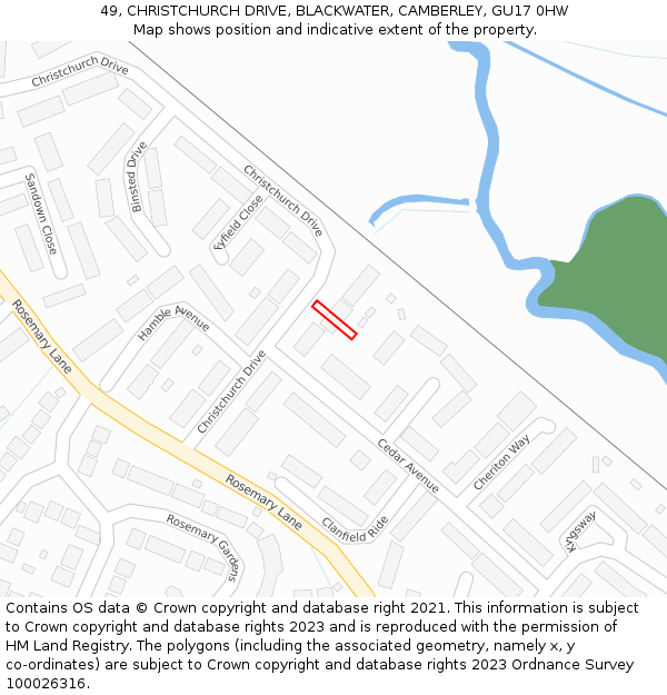 49, CHRISTCHURCH DRIVE, BLACKWATER, CAMBERLEY, GU17 0HW: Location map and indicative extent of plot