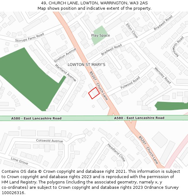 49, CHURCH LANE, LOWTON, WARRINGTON, WA3 2AS: Location map and indicative extent of plot