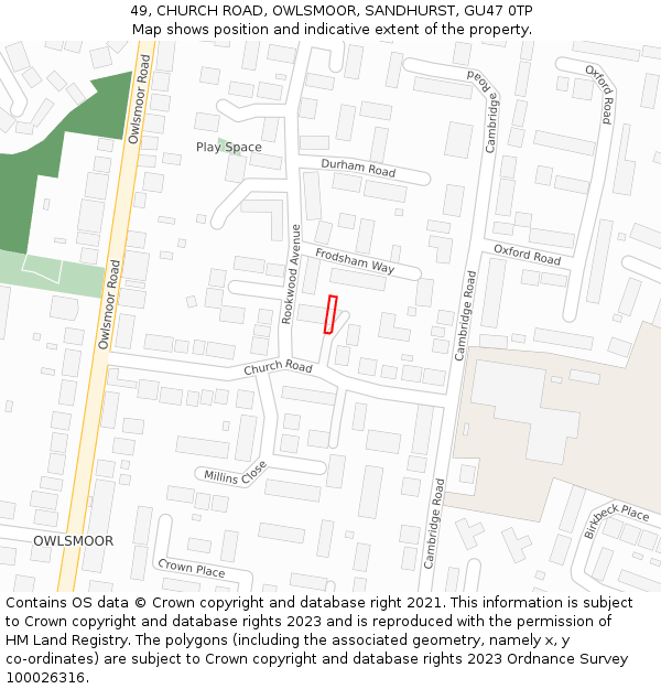 49, CHURCH ROAD, OWLSMOOR, SANDHURST, GU47 0TP: Location map and indicative extent of plot