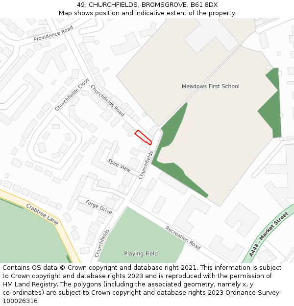 49, CHURCHFIELDS, BROMSGROVE, B61 8DX: Location map and indicative extent of plot
