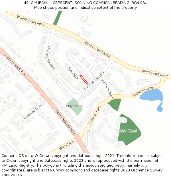 49, CHURCHILL CRESCENT, SONNING COMMON, READING, RG4 9RU: Location map and indicative extent of plot