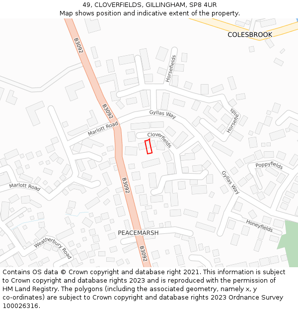 49, CLOVERFIELDS, GILLINGHAM, SP8 4UR: Location map and indicative extent of plot