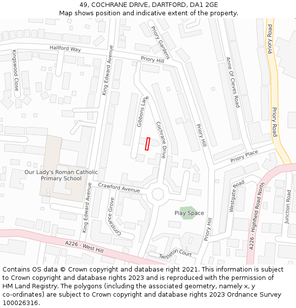49, COCHRANE DRIVE, DARTFORD, DA1 2GE: Location map and indicative extent of plot