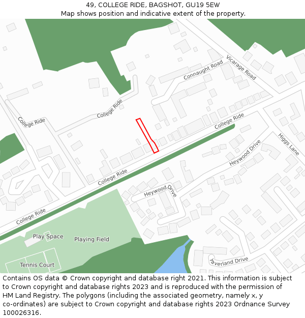 49, COLLEGE RIDE, BAGSHOT, GU19 5EW: Location map and indicative extent of plot