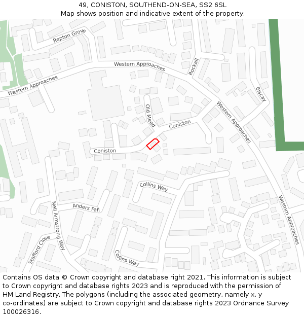 49, CONISTON, SOUTHEND-ON-SEA, SS2 6SL: Location map and indicative extent of plot