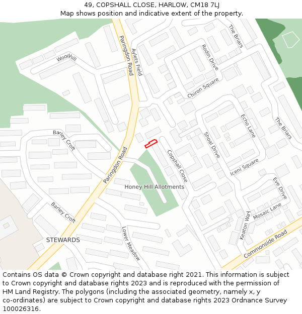 49, COPSHALL CLOSE, HARLOW, CM18 7LJ: Location map and indicative extent of plot