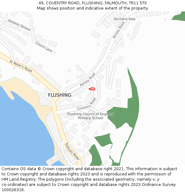 49, COVENTRY ROAD, FLUSHING, FALMOUTH, TR11 5TX: Location map and indicative extent of plot