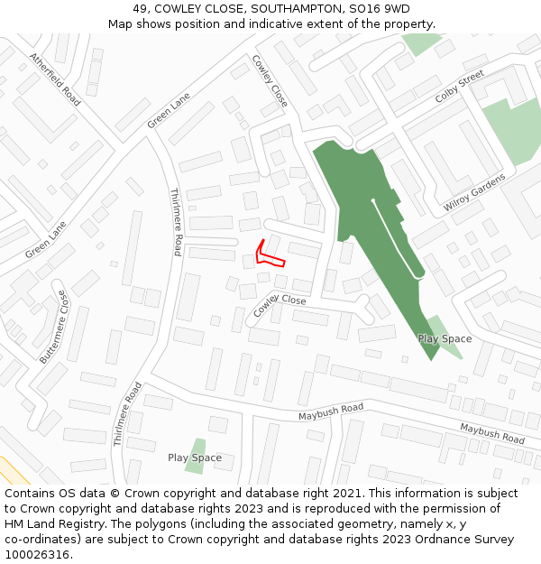 49, COWLEY CLOSE, SOUTHAMPTON, SO16 9WD: Location map and indicative extent of plot