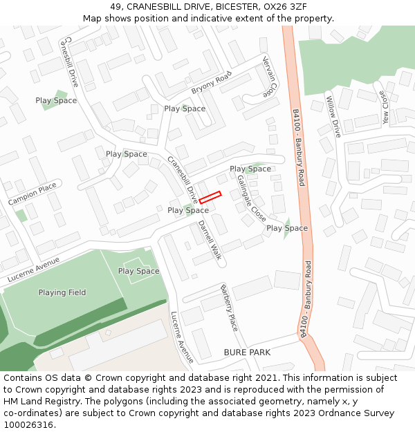 49, CRANESBILL DRIVE, BICESTER, OX26 3ZF: Location map and indicative extent of plot