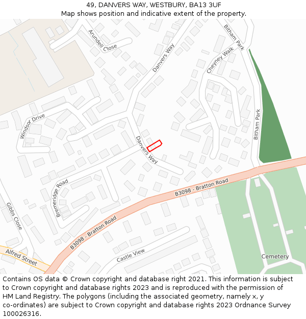 49, DANVERS WAY, WESTBURY, BA13 3UF: Location map and indicative extent of plot