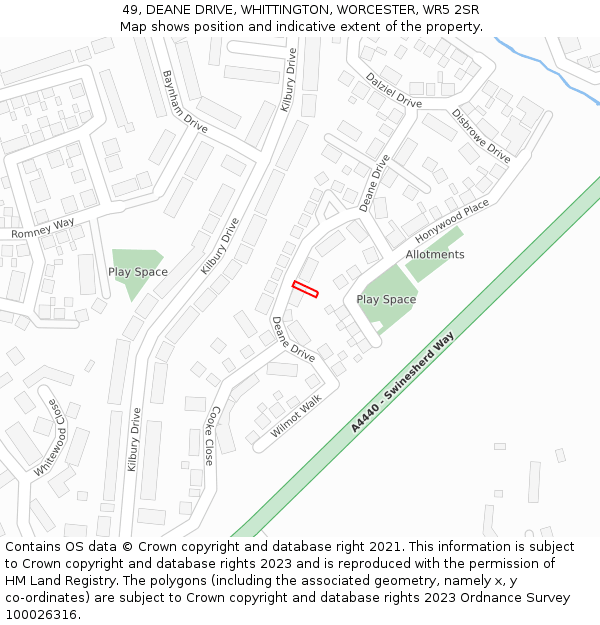 49, DEANE DRIVE, WHITTINGTON, WORCESTER, WR5 2SR: Location map and indicative extent of plot
