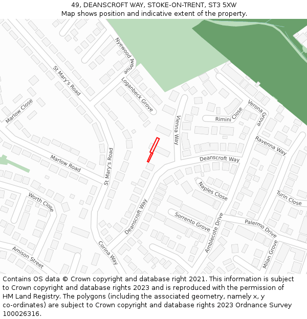 49, DEANSCROFT WAY, STOKE-ON-TRENT, ST3 5XW: Location map and indicative extent of plot