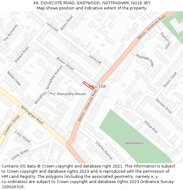 49, DOVECOTE ROAD, EASTWOOD, NOTTINGHAM, NG16 3EY: Location map and indicative extent of plot