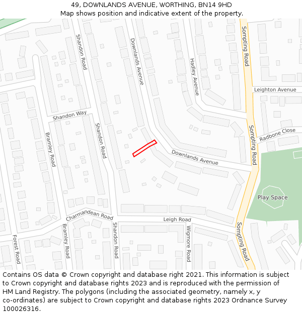 49, DOWNLANDS AVENUE, WORTHING, BN14 9HD: Location map and indicative extent of plot