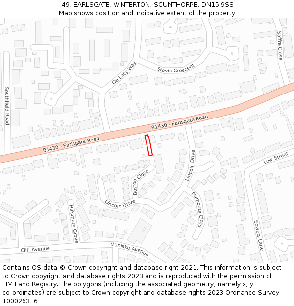 49, EARLSGATE, WINTERTON, SCUNTHORPE, DN15 9SS: Location map and indicative extent of plot