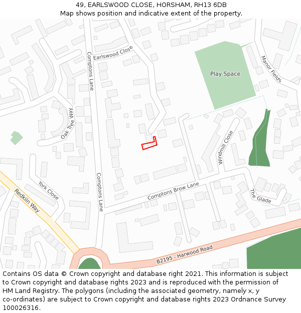 49, EARLSWOOD CLOSE, HORSHAM, RH13 6DB: Location map and indicative extent of plot