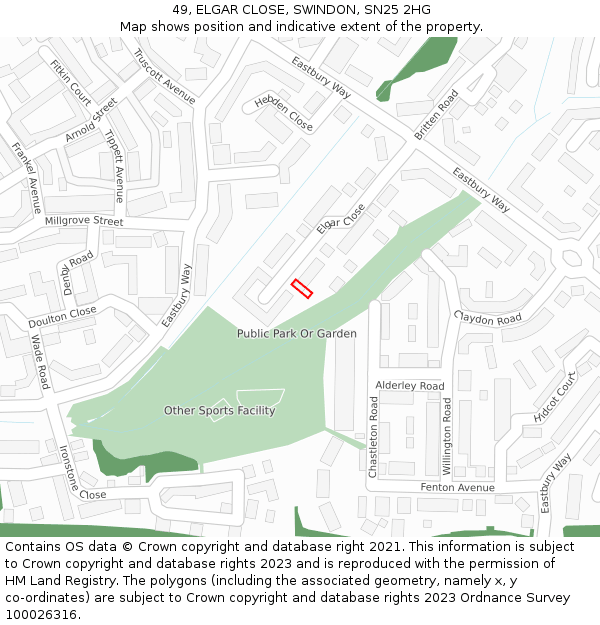 49, ELGAR CLOSE, SWINDON, SN25 2HG: Location map and indicative extent of plot