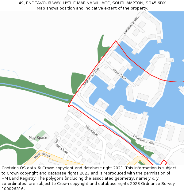 49, ENDEAVOUR WAY, HYTHE MARINA VILLAGE, SOUTHAMPTON, SO45 6DX: Location map and indicative extent of plot