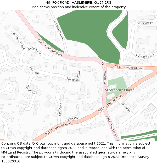 49, FOX ROAD, HASLEMERE, GU27 1RG: Location map and indicative extent of plot