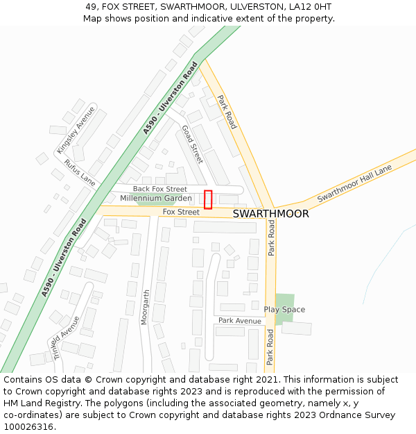 49, FOX STREET, SWARTHMOOR, ULVERSTON, LA12 0HT: Location map and indicative extent of plot