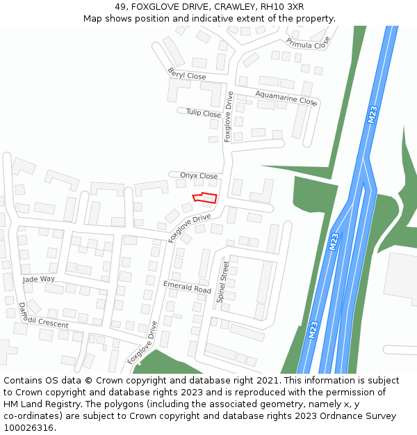 49, FOXGLOVE DRIVE, CRAWLEY, RH10 3XR: Location map and indicative extent of plot