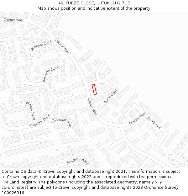 49, FURZE CLOSE, LUTON, LU2 7UB: Location map and indicative extent of plot