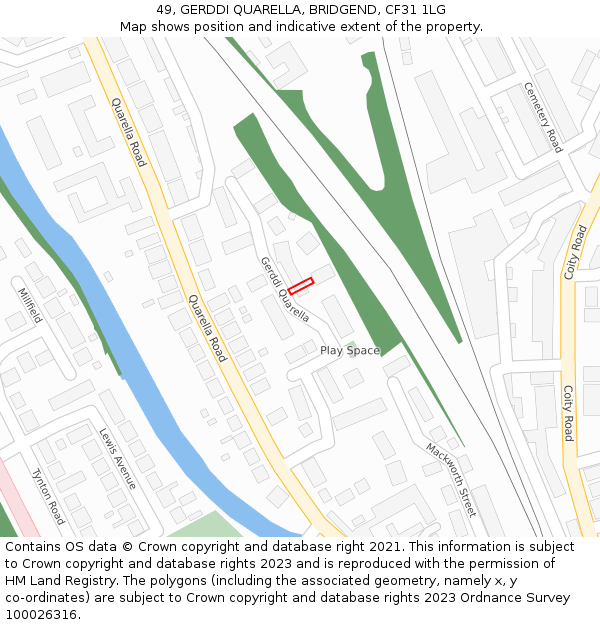 49, GERDDI QUARELLA, BRIDGEND, CF31 1LG: Location map and indicative extent of plot
