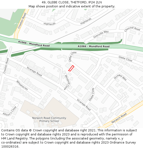 49, GLEBE CLOSE, THETFORD, IP24 2LN: Location map and indicative extent of plot