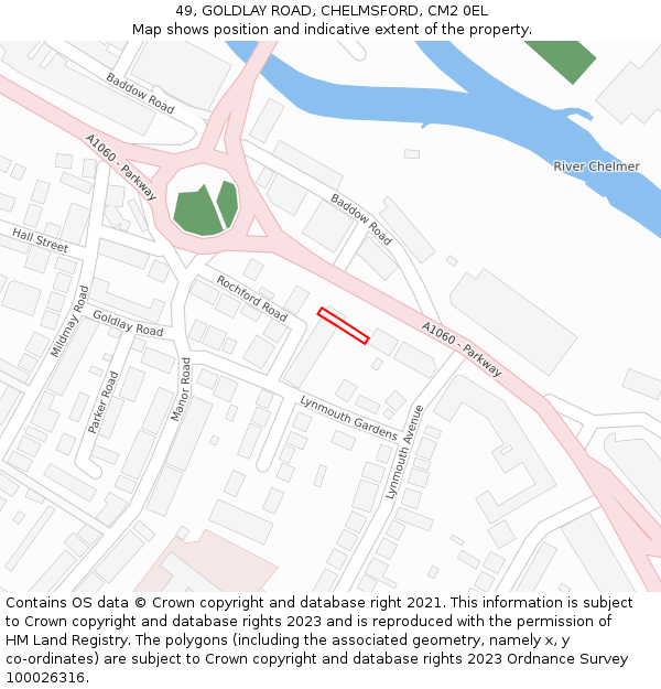 49, GOLDLAY ROAD, CHELMSFORD, CM2 0EL: Location map and indicative extent of plot